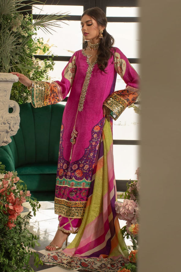 Anas Abrar Silk Pink Digital Print Embroidery Hand Work 3pc