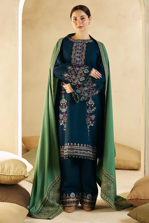 3Pc Embroidered Dhanak Suit with Heavy Embroidered Dhanak Shawll